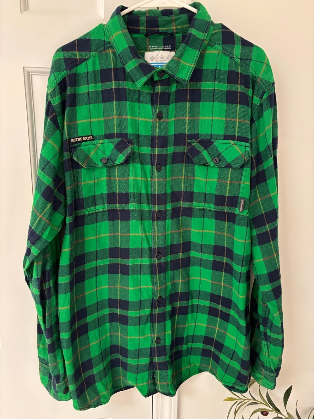 Columbia Notre Dame Fighting Irish Omni-Wick Plaid Shirt Men’s XL Green